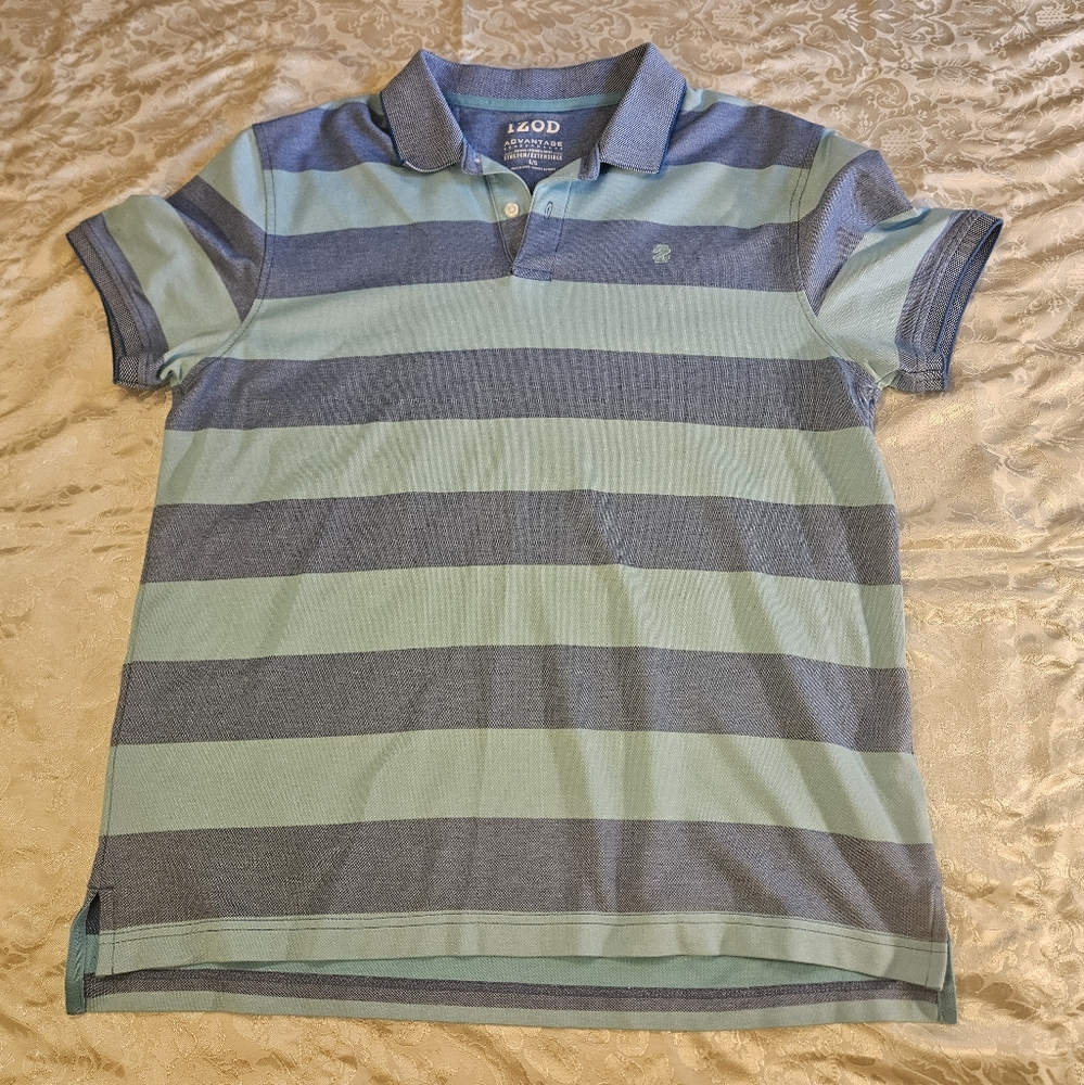 IZOD Advantage Polo Shirt L Men Golf Blue Stripe Stretch Shirt